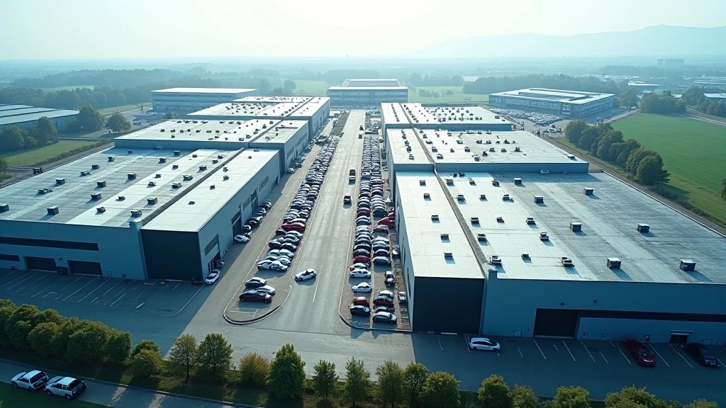 Průmyslový komplex Škody Auto v Mladé Boleslavi s moderní architekturou a parkovištěm