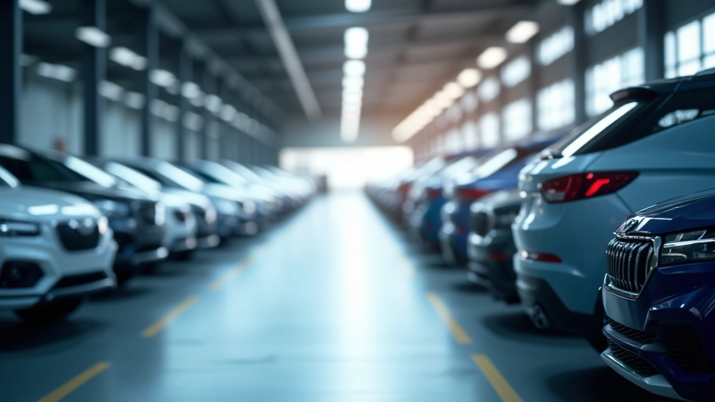 Nové automobily Škoda Auto zaparkovaná v řadě v distribuičním centru připravená k doručení