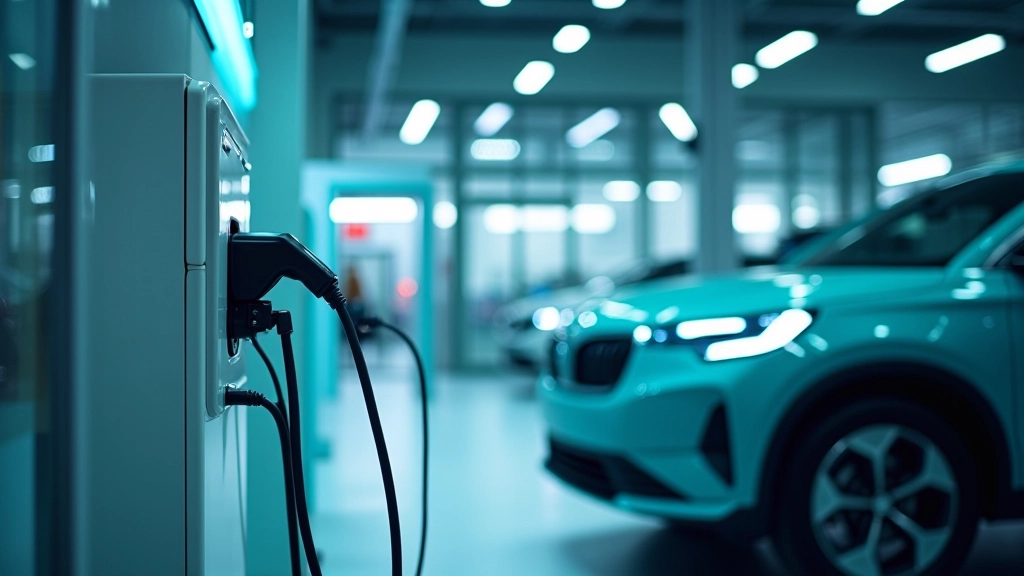 Elektrické vozidlo Škody v moderním technologickém středisku s příslušenstvím pro nabíjení a softwarové řešení