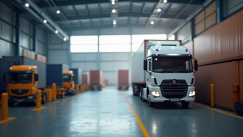 Kamiony a kontejnery v logistickém centru připravené k distribuci automobilových součástí