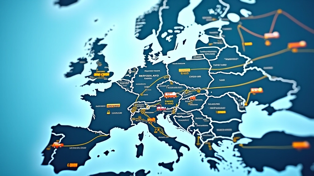 Mapa Evropy znázorňující obchodní koridory a transport vozů Škody do různých zemí EU a mimo ni