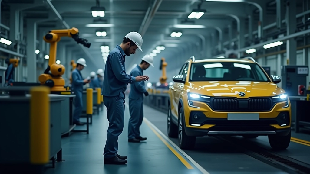 Moderní výrobní linka automobilky s roboty a pracovníky v bezpečnostním vybavení