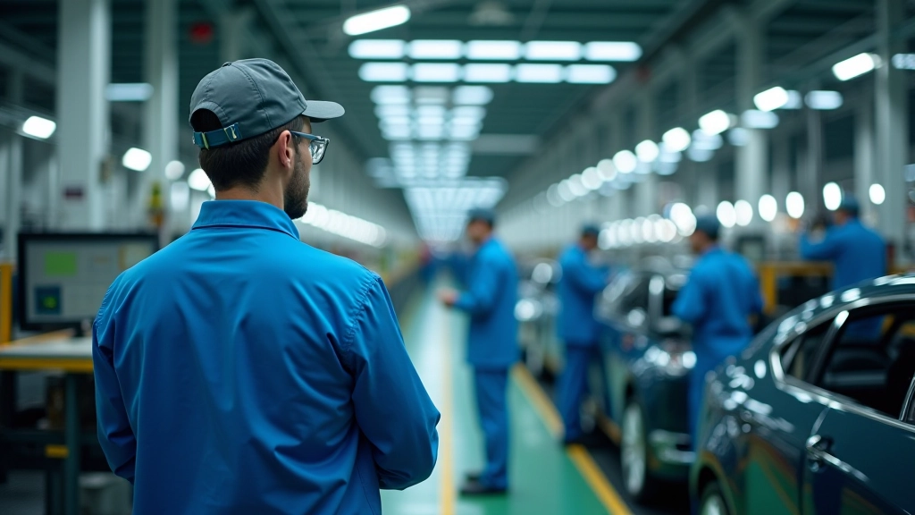 Moderní automobilová výrobní linka s roboty a techniky pracujícími v čisté továrně