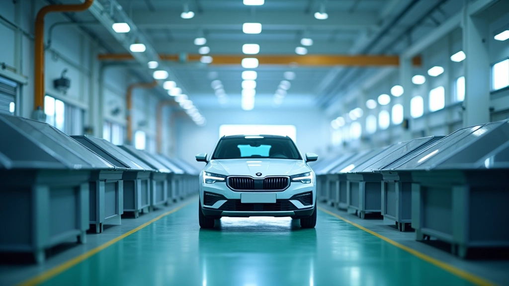 Futuristický obrázek moderní automobilky se zelenou energií a automatizací