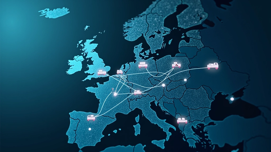 Složitá síť dodavatelských řetězců znázorňující propojení výroby a logistiky mezi různými zeměmi a průmyslovými oblastmi