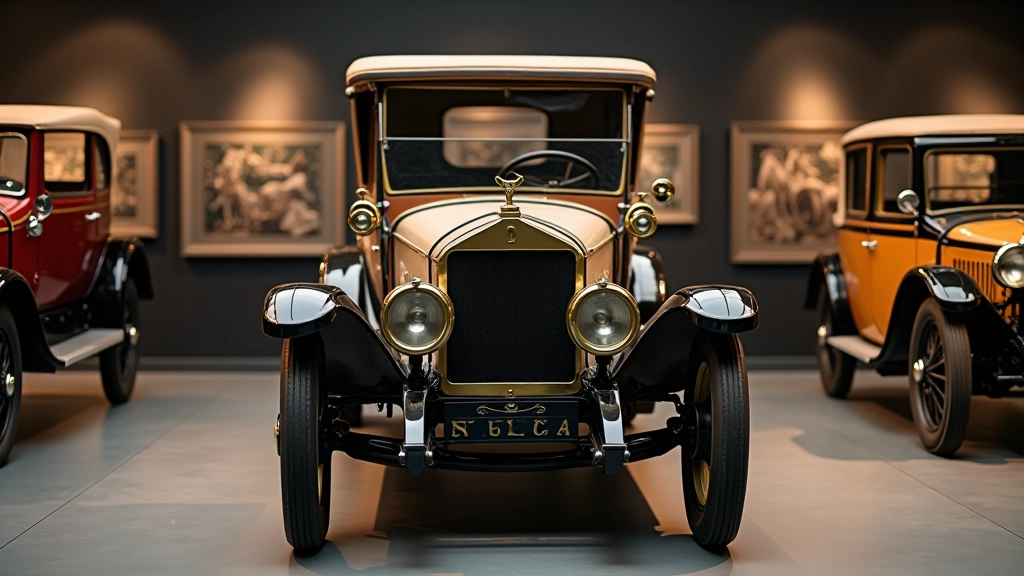 Historické vozidlo Škody z počátku 20. století vedle moderního vozu, která znázorňují vývoj značky